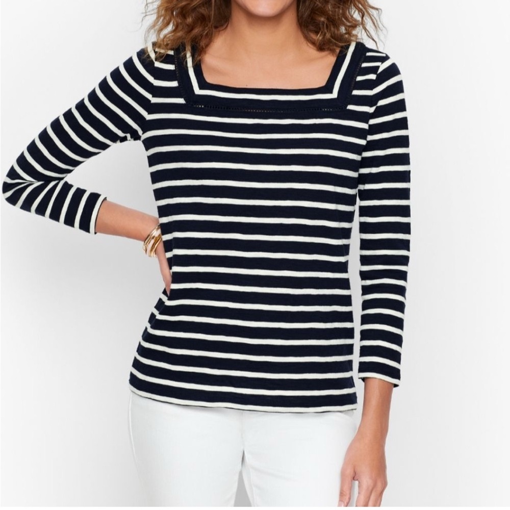 TALBOTS Square Neck 3/4 Length Sleeve Navy & White Striped Shirt size Small